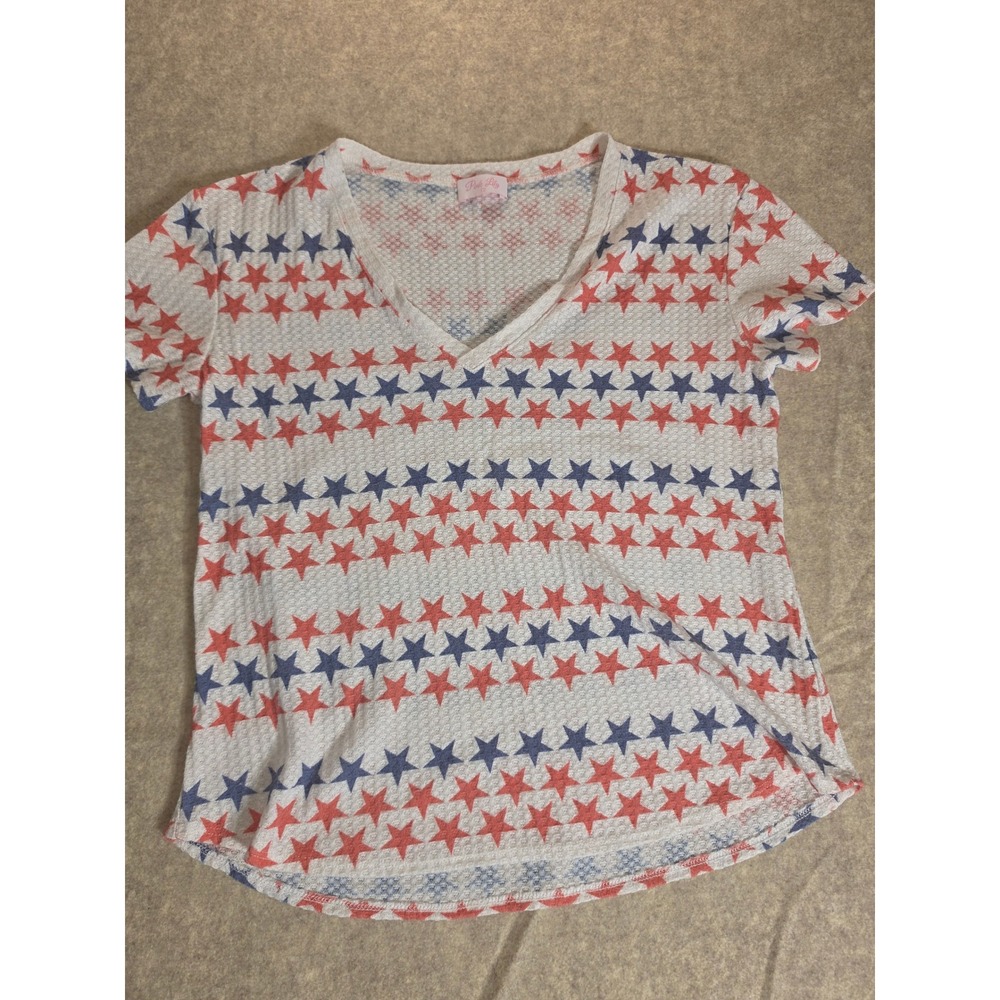 Pink Lily Patriotic Star Waffle Knit V-Neck T-Shirt Red White Blue Small‎